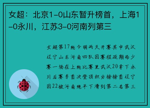 女超:北京1-0山东暂升榜首,上海1-0永川,江苏3-0河南列第三 女超:北京1-0山东暂升榜首,上海1-0永川,江苏3-0河南列第三